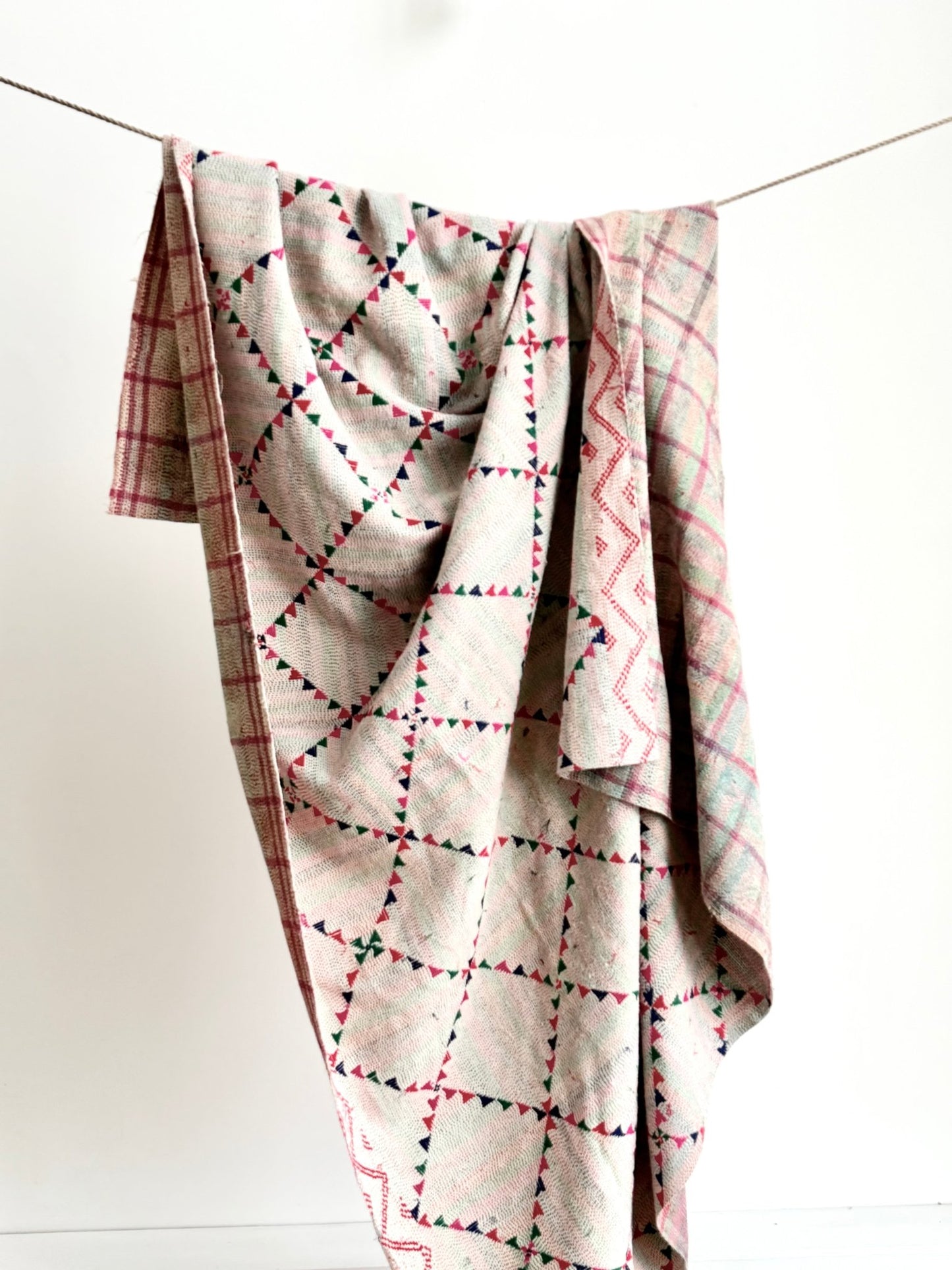 Project Kantha Quilt: Off - white With Geometric Embroidery - Biggs & Hill
