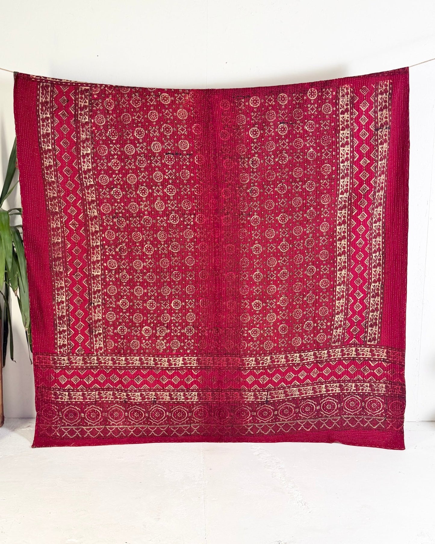 Extra Large Ajrakh Printed Vintage Kantha Quilt In Deep Red - Biggs & Hill