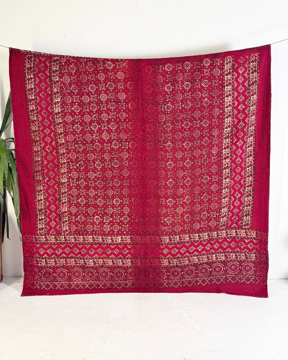 Extra Large Ajrakh Printed Vintage Kantha Quilt In Deep Red - Biggs & Hill