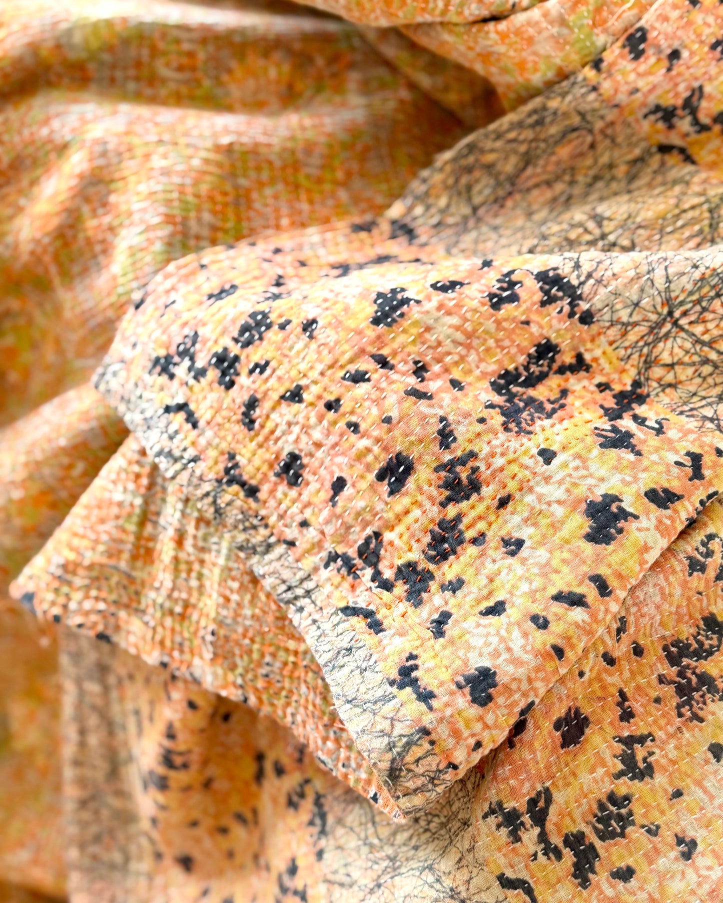 Extra Large Large Fine Stitched Vintage Kantha Quilt in Peachy Pink