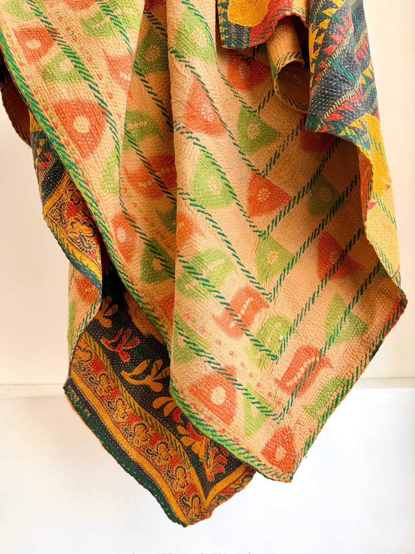 Extra Large Embroidered Vintage Kantha Quilt in Orange and Green
