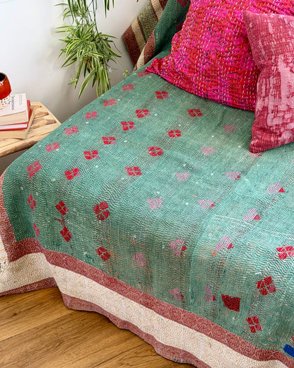 Fine Stitched Thick Vintage Kantha Quilt in Green With Red Embroidery