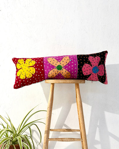 Vintage Kantha Bolster Cushion Cover In Flower Patchwork - 80cm