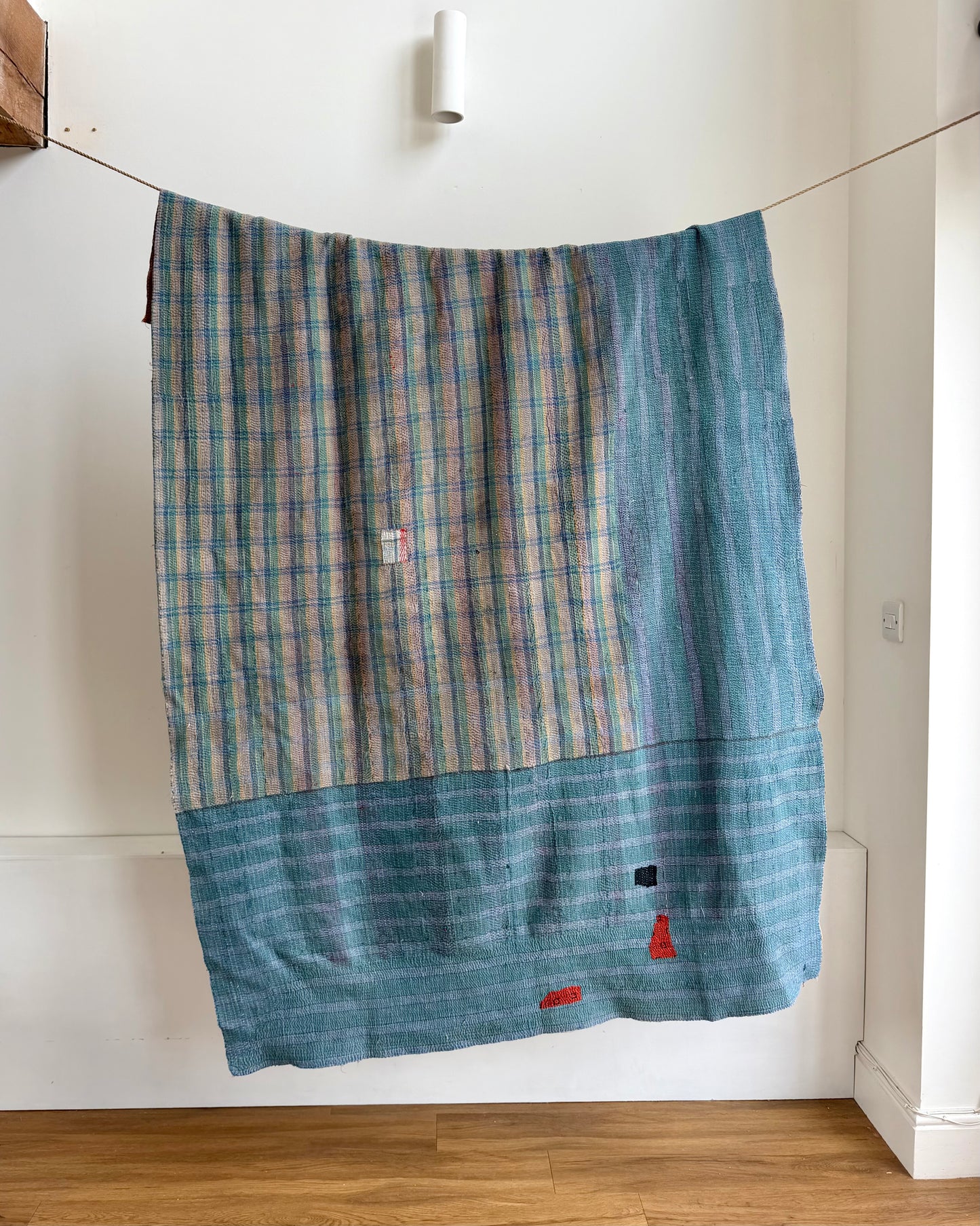 Fine Stitched Thick Vintage Kantha Quilt in Green With Red Embroidery