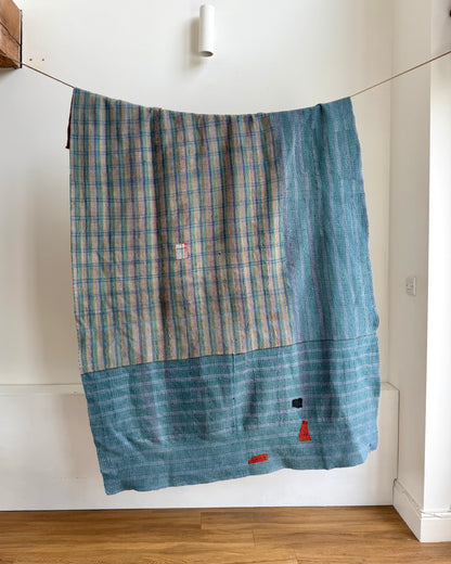 Fine Stitched Thick Vintage Kantha Quilt in Green With Red Embroidery