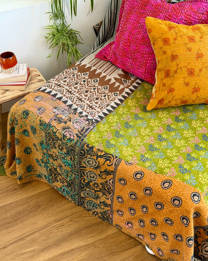 Extra Large Fine Stitched Vintage Kantha Quilt in Vibrant Green and Blue