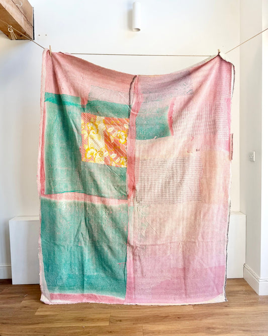 Project Kantha Quilt: Pink and Green With Authentic Aged Texture - Biggs & Hill