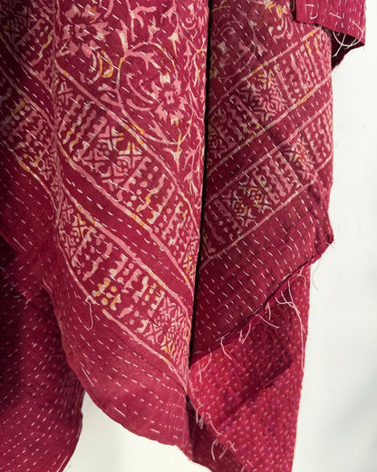 Ajrakh Printed Vintage Kantha Quilt in Deep Red - Biggs & Hill