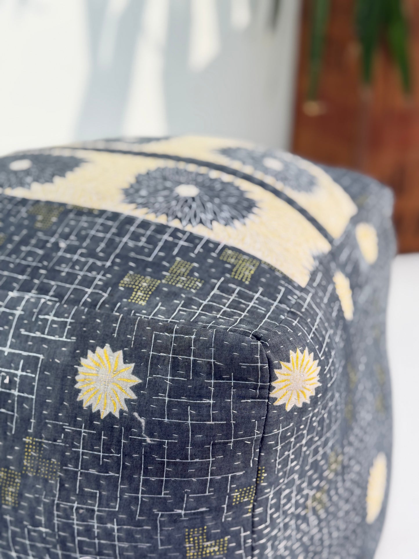 Cube Kantha Pouf Cushion Cover With Blue and Purple Stripes