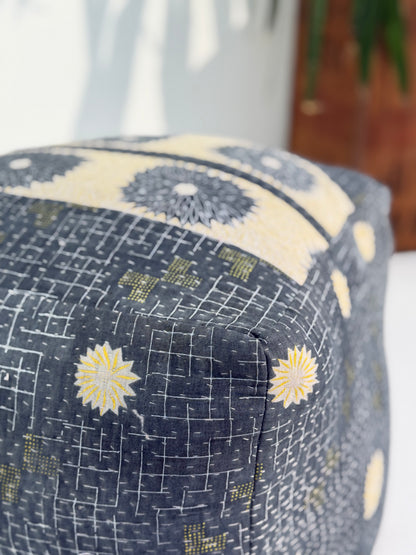 Cube Kantha Pouf Cushion Cover With Blue and Purple Stripes