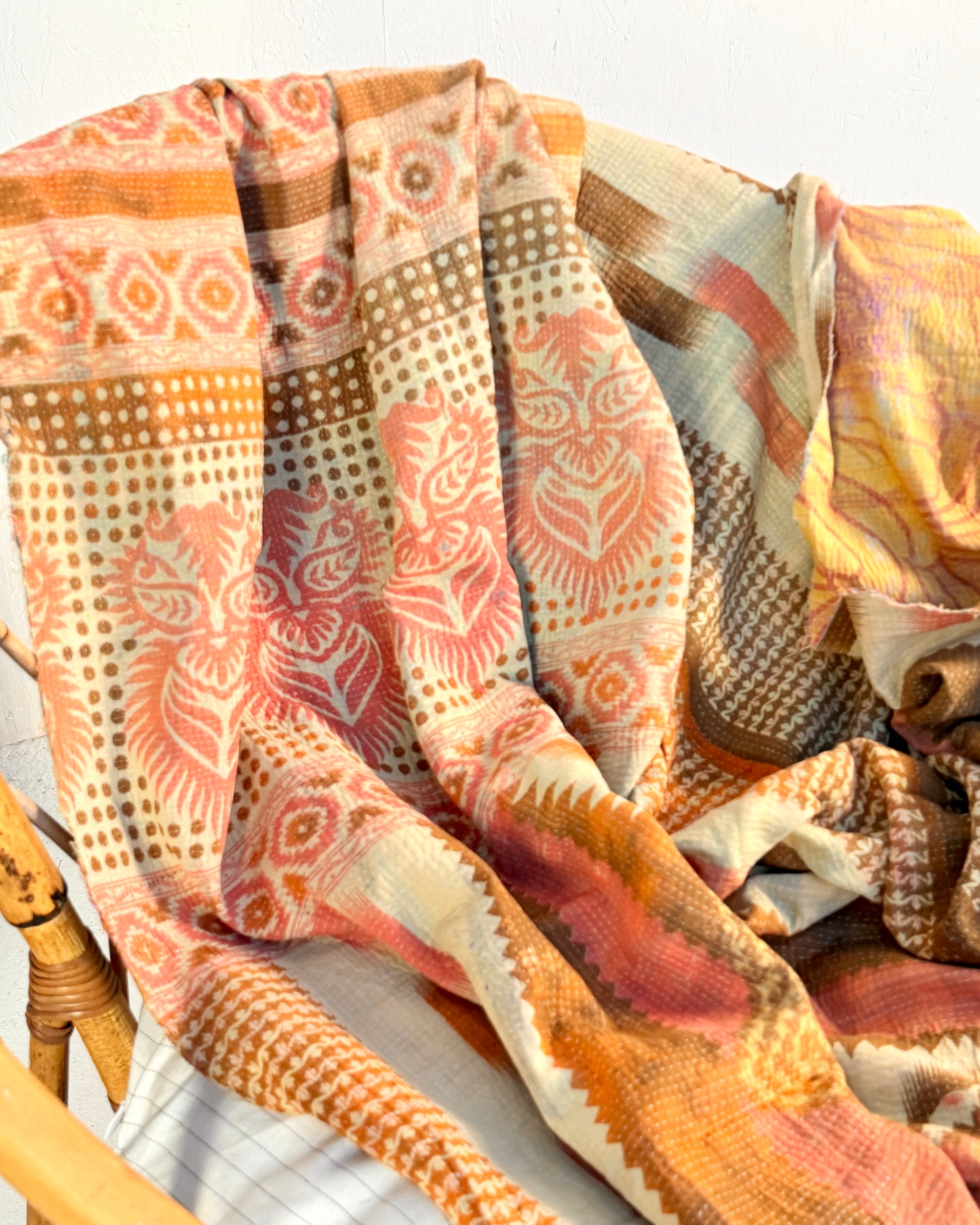 Large Fine Stitched Vintage Kantha Quilt in Peachy Pink Geometrics