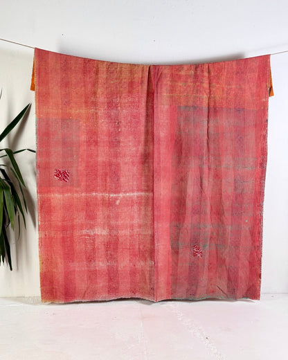 Fine Stitched Heavy Vintage Kantha Quilt in Soft Pink and Orange - FIRST picture - Biggs & Hill