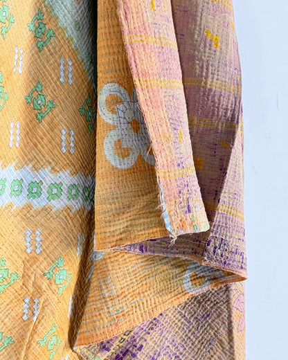 Extra Large Fine Stitched Vintage Kantha Quilt in Geometric Yellow and Green - Biggs & Hill
