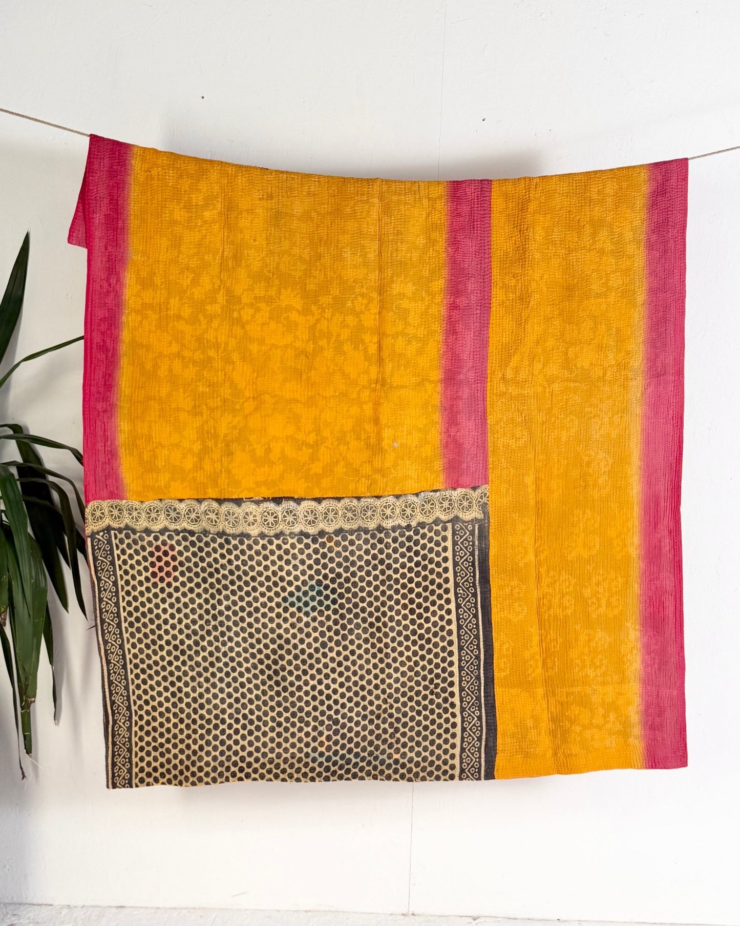 Fine Stitched Vintage Kantha Quilt in Vibrant Pink and Yellow with Dot Pattern - Biggs & Hill