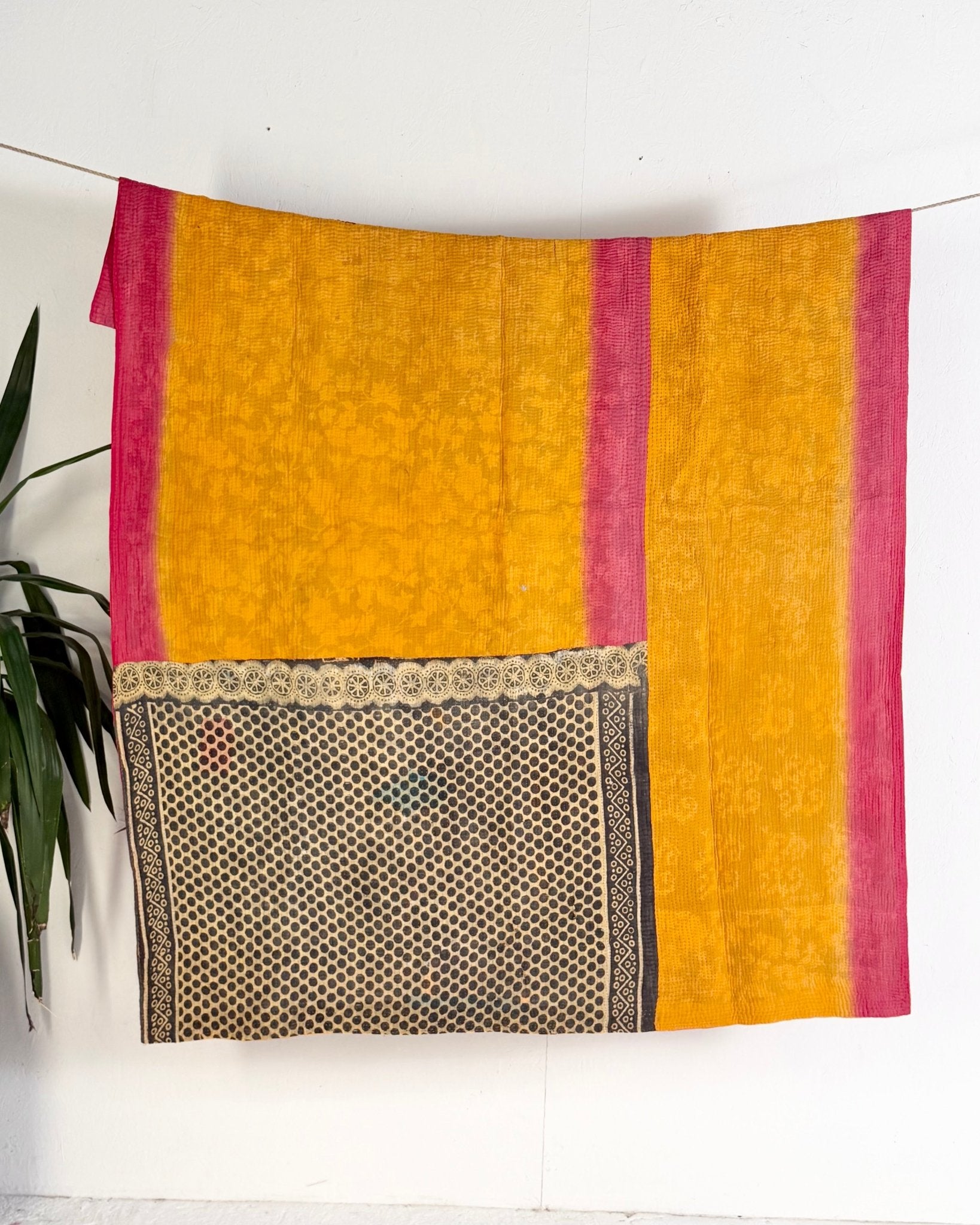 Fine Stitched Vintage Kantha Quilt in Vibrant Pink and Yellow with Dot Pattern - Biggs & Hill