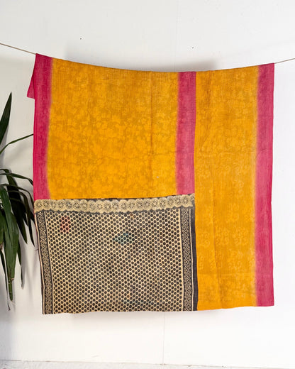 Fine Stitched Vintage Kantha Quilt in Vibrant Pink and Yellow with Dot Pattern - Biggs & Hill