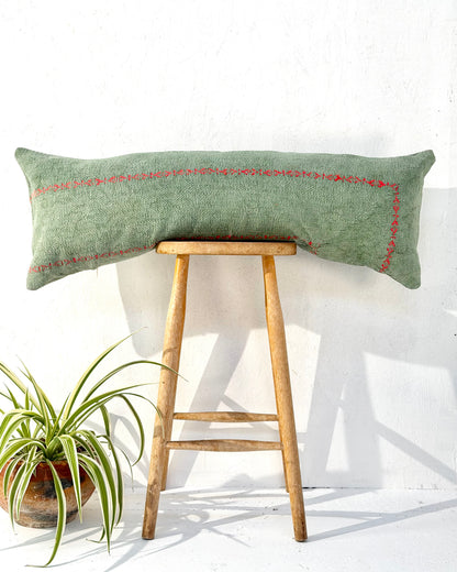 Vintage Kantha Bolster Cushion Cover In Green with Orange Embroidery - 100cm
