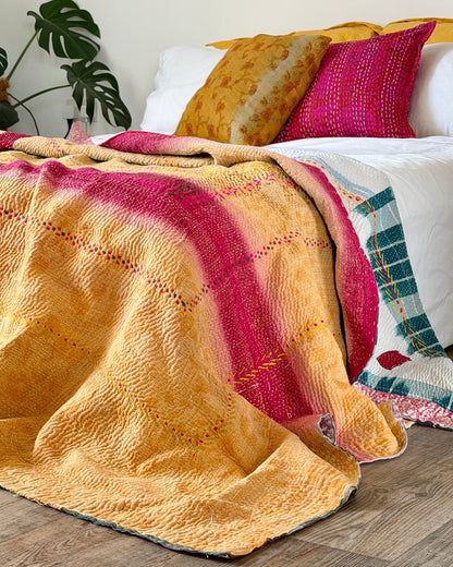 Heavy Fine Stitched Embroidered Vintage Kantha Quilt in Yellow, Pink and Blue - Biggs & Hill