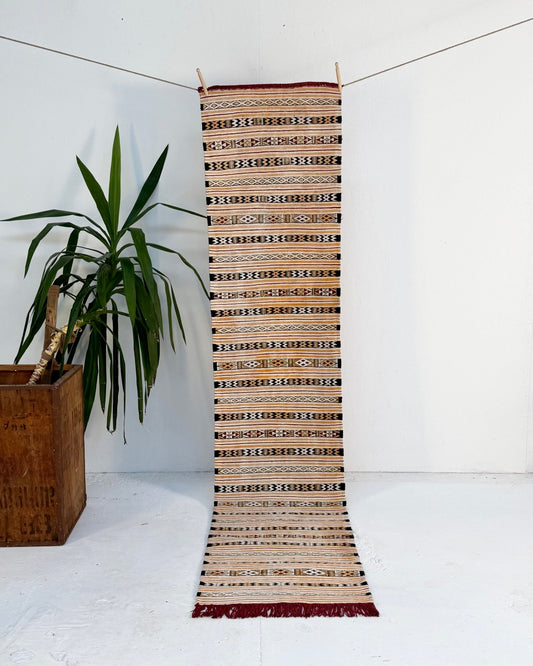 White and Yellow Vintage Turkish Cotton Kilim Runner