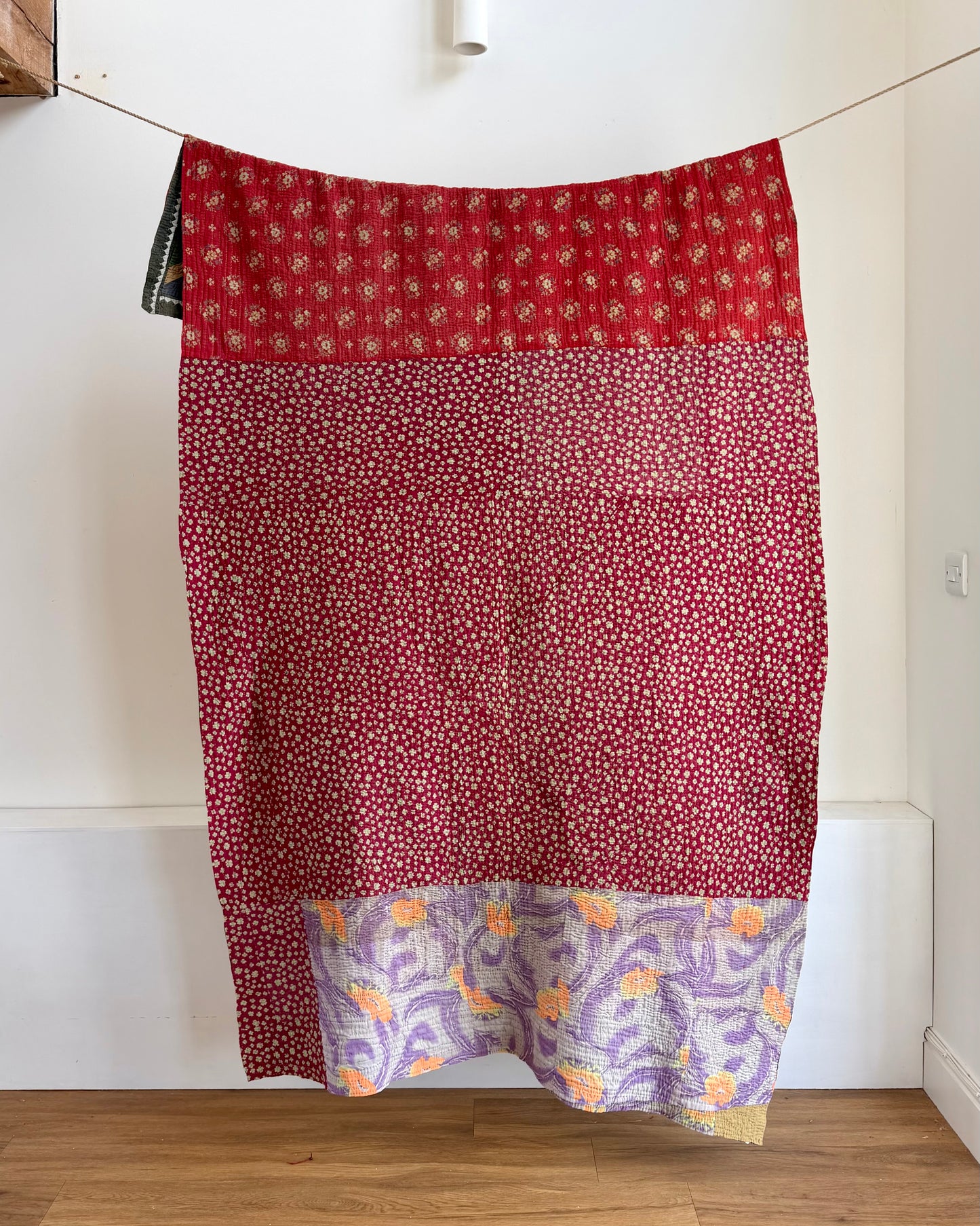 Vintage Embroidered Patchwork Ralli Quilt in Shades of Green