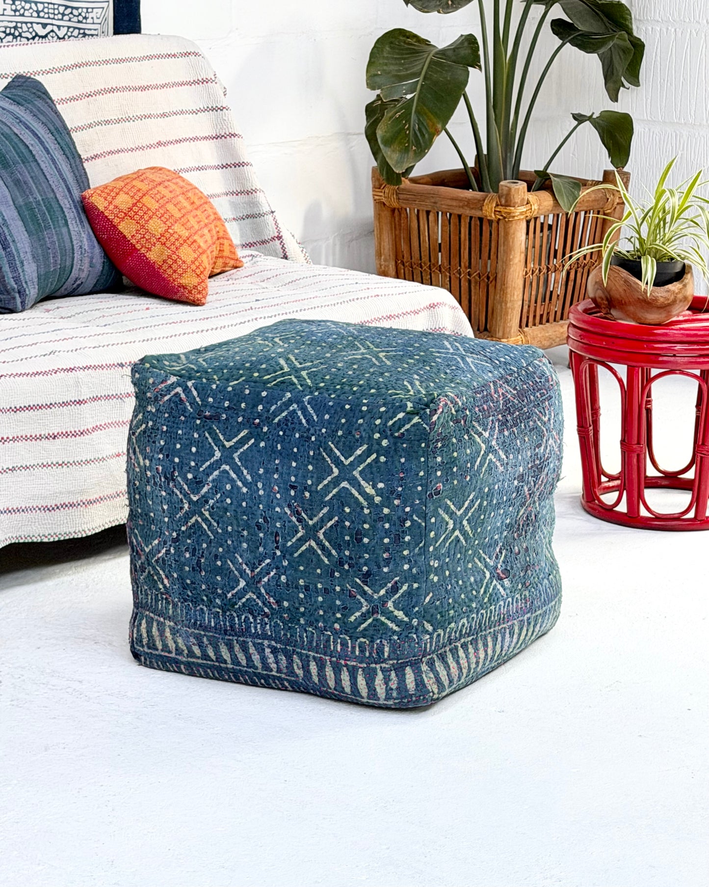 Cube Kantha Pouf Cushion Cover With Indigo Block Print