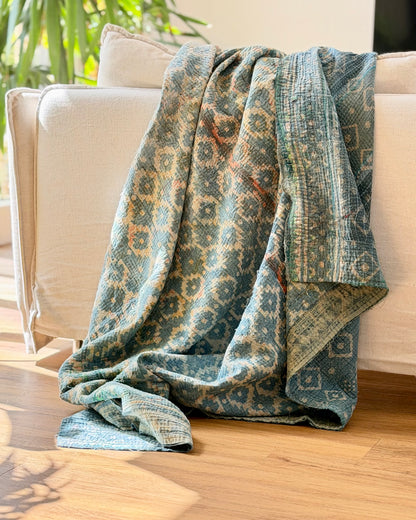 Large Heavy Indigo Print Kantha Quilt