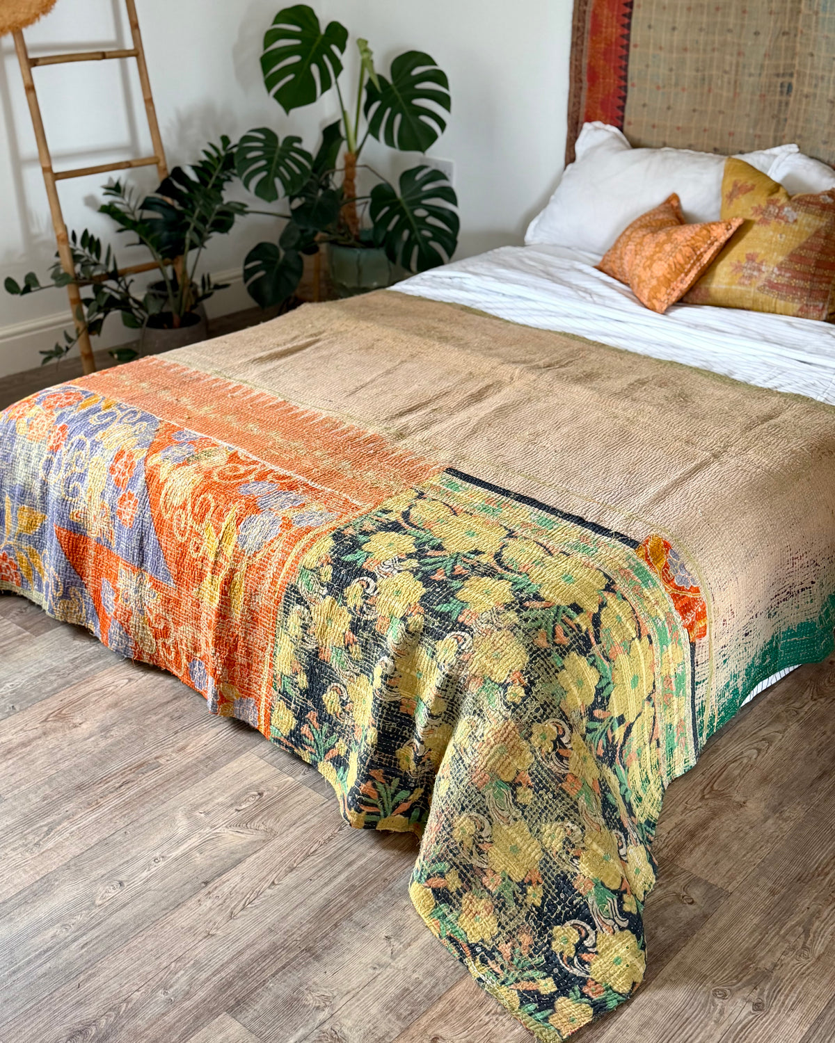 Large Textured Vintage Kantha Quilt In Green and Orange