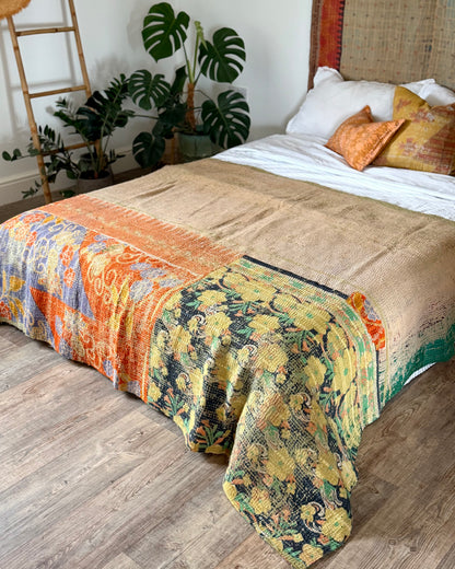 Large Textured Vintage Kantha Quilt In Green and Orange