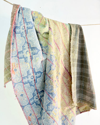 Project Kantha Quilt: Blue, Yellow and Green With Authentic Aged Texture