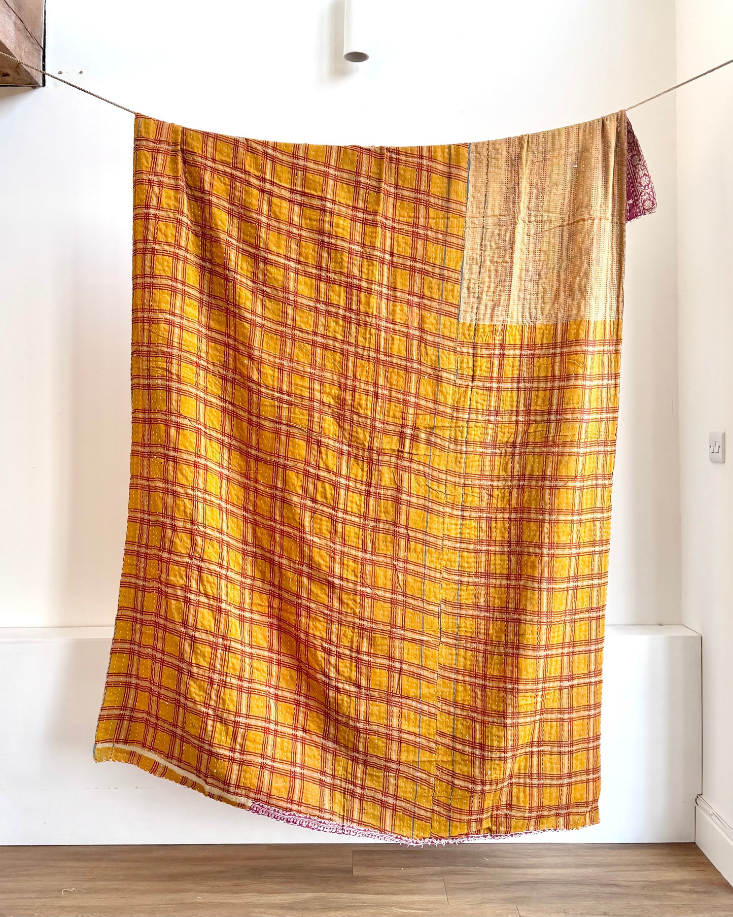Vintage Cotton Kantha Quilt In Mustard And Red #42