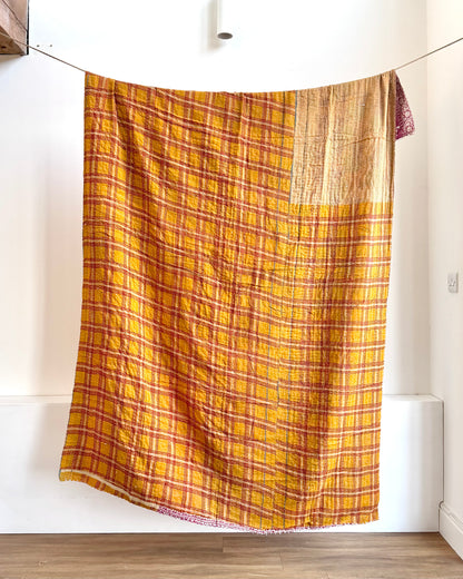 Vintage Cotton Kantha Quilt In Mustard And Red #42