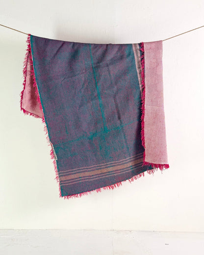Large Heavy Kantha Blanket Quilt With Lik Phul Stitching In Forest Green and Pink - Biggs & Hill
