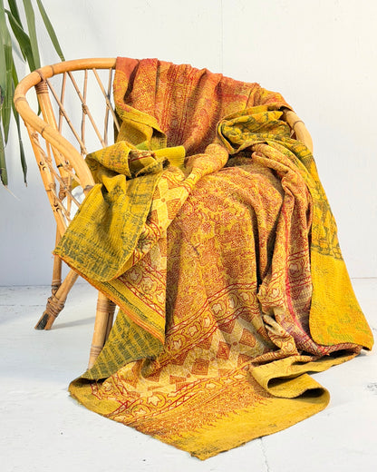 Extra Large Ajrakh Printed Vintage Kantha Quilt In Green-Gold