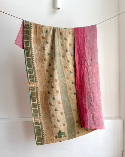 Fine Stitched Vintage Kantha Quilt in Super Soft Pink and Olive Green - Biggs & Hill