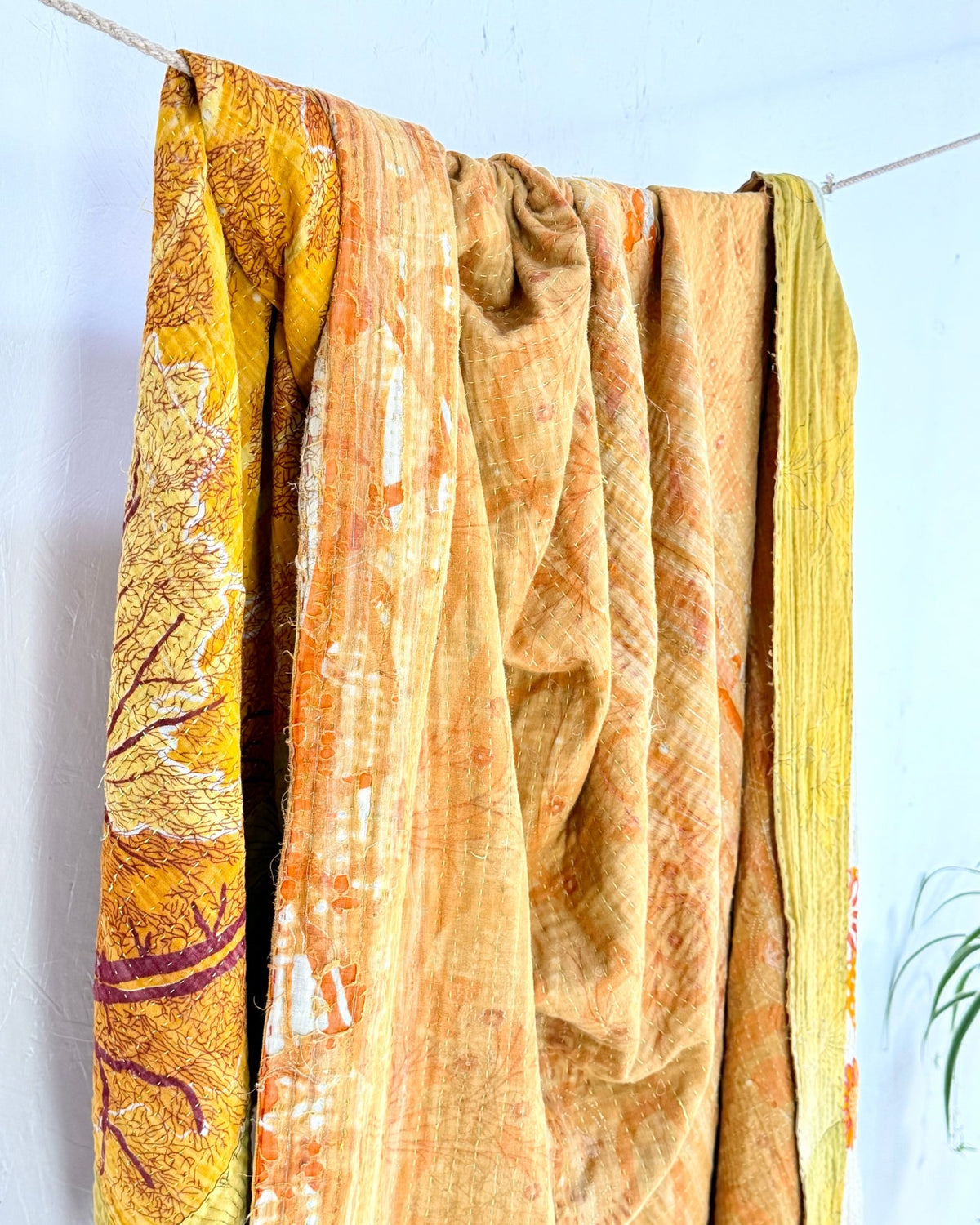 Large Fine Stitched Vintage Kantha Quilt in Yellow and Orange - Biggs & Hill