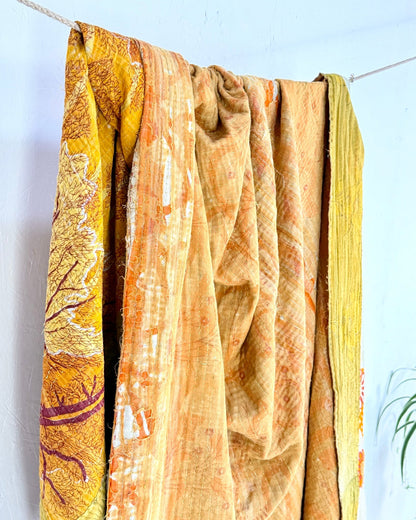 Large Fine Stitched Vintage Kantha Quilt in Yellow and Orange - Biggs & Hill