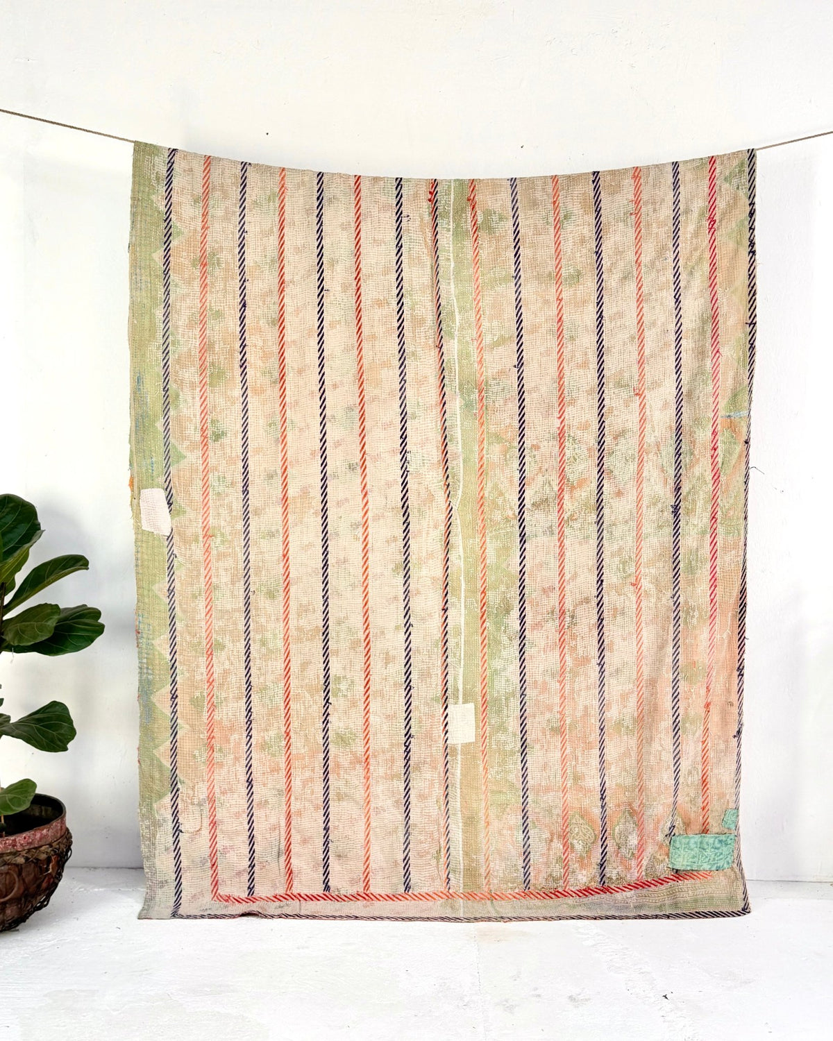 Large Embroidered Vintage Kantha Quilt in Yellow and Light Green - Biggs & Hill
