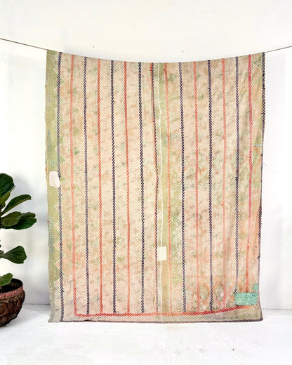 Large Embroidered Vintage Kantha Quilt in Yellow and Light Green - Biggs & Hill
