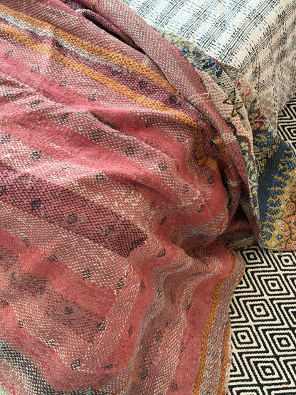 Large Textured Vintage Kantha Quilt In Pink Stripes and Moon Pattern