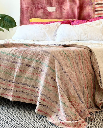 Embroidered and Textured Vintage Kantha Quilt In Green and Light Pink - Biggs & Hill