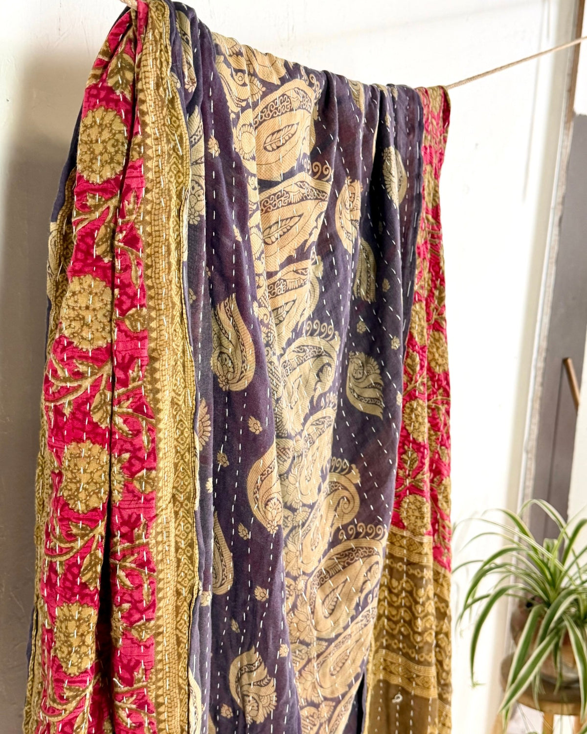Vintage Cotton Kantha Quilt In Pink and Purple 12 - Biggs & Hill