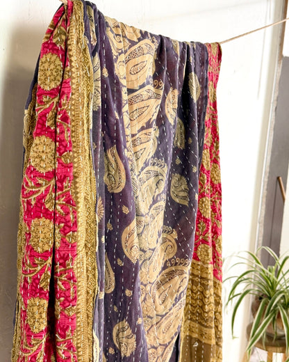 Vintage Cotton Kantha Quilt In Pink and Purple 12 - Biggs & Hill