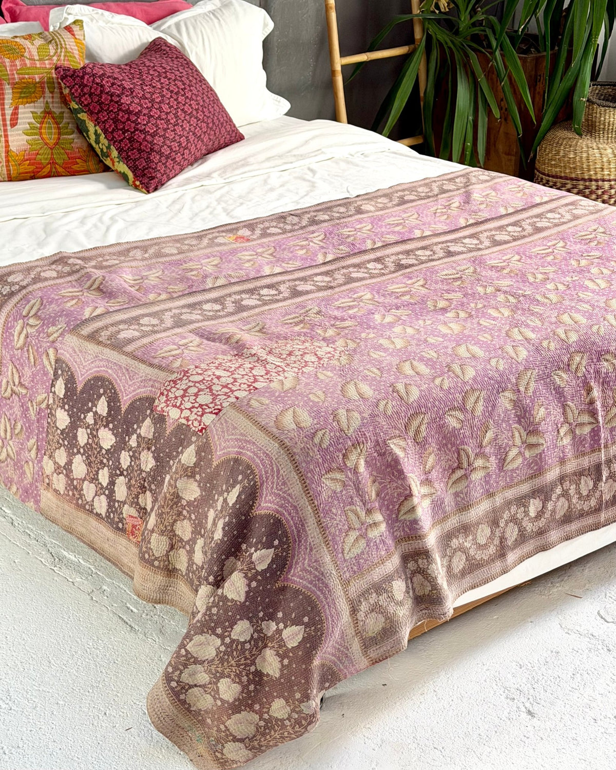 Large Fine Stitched Vintage Kantha Quilt in Pink, Orange and Lilac - Biggs & Hill