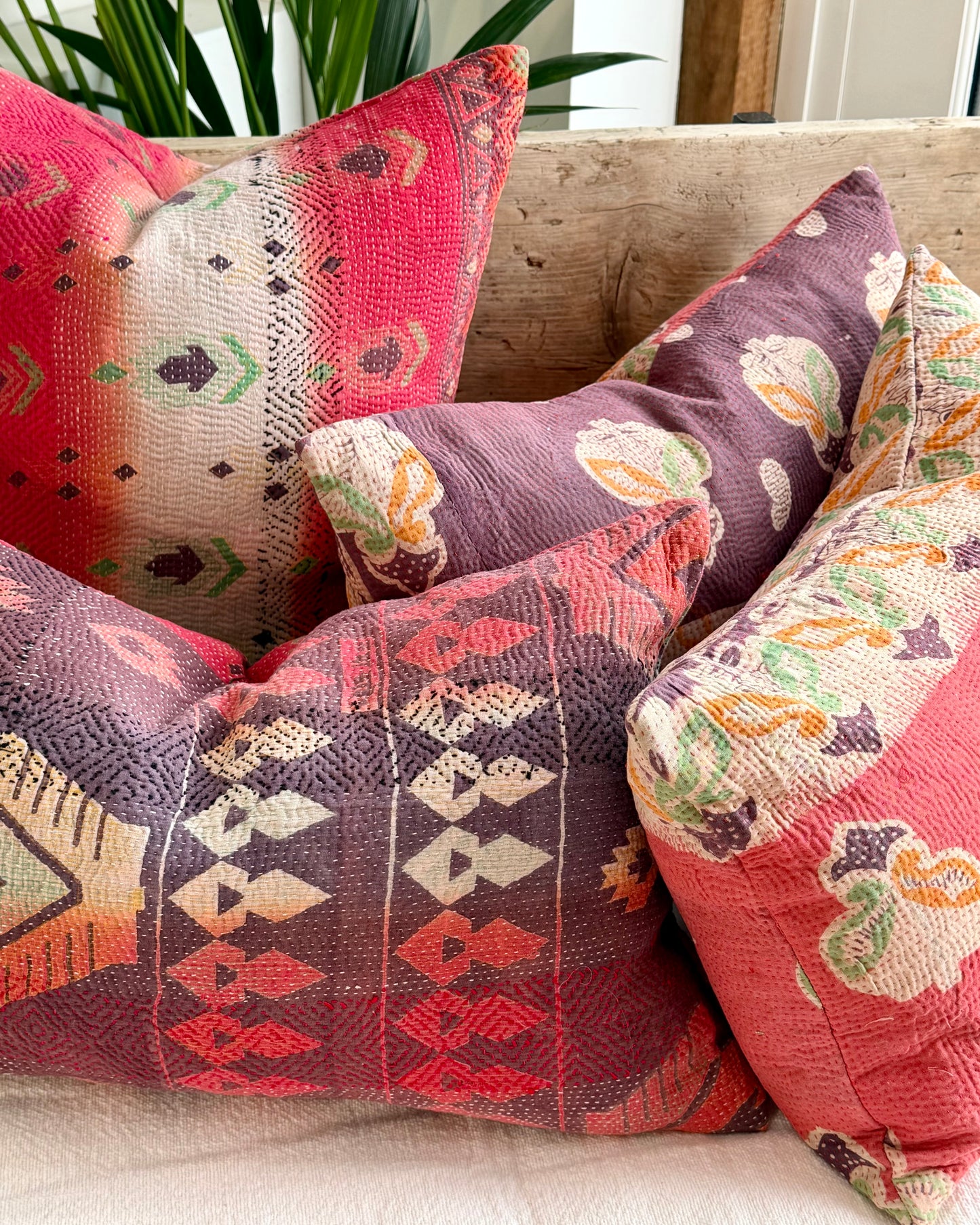 Vintage Kantha Cushion In Pink, White and Purple - 45cm Square