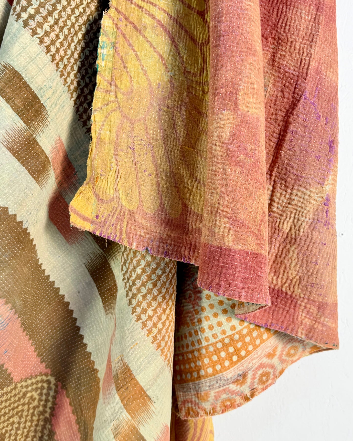 Large Fine Stitched Vintage Kantha Quilt in Peachy Pink Geometrics