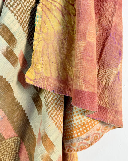 Large Fine Stitched Vintage Kantha Quilt in Peachy Pink Geometrics