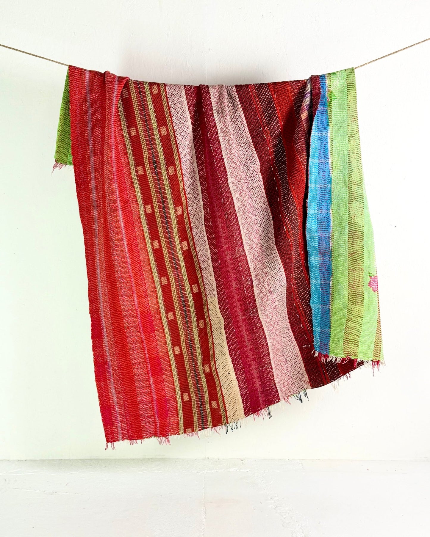 Heavy Kantha Blanket Quilt With Red Stripes And Green Back - Biggs & Hill