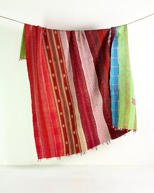 Heavy Kantha Blanket Quilt With Red Stripes And Green Back - Biggs & Hill