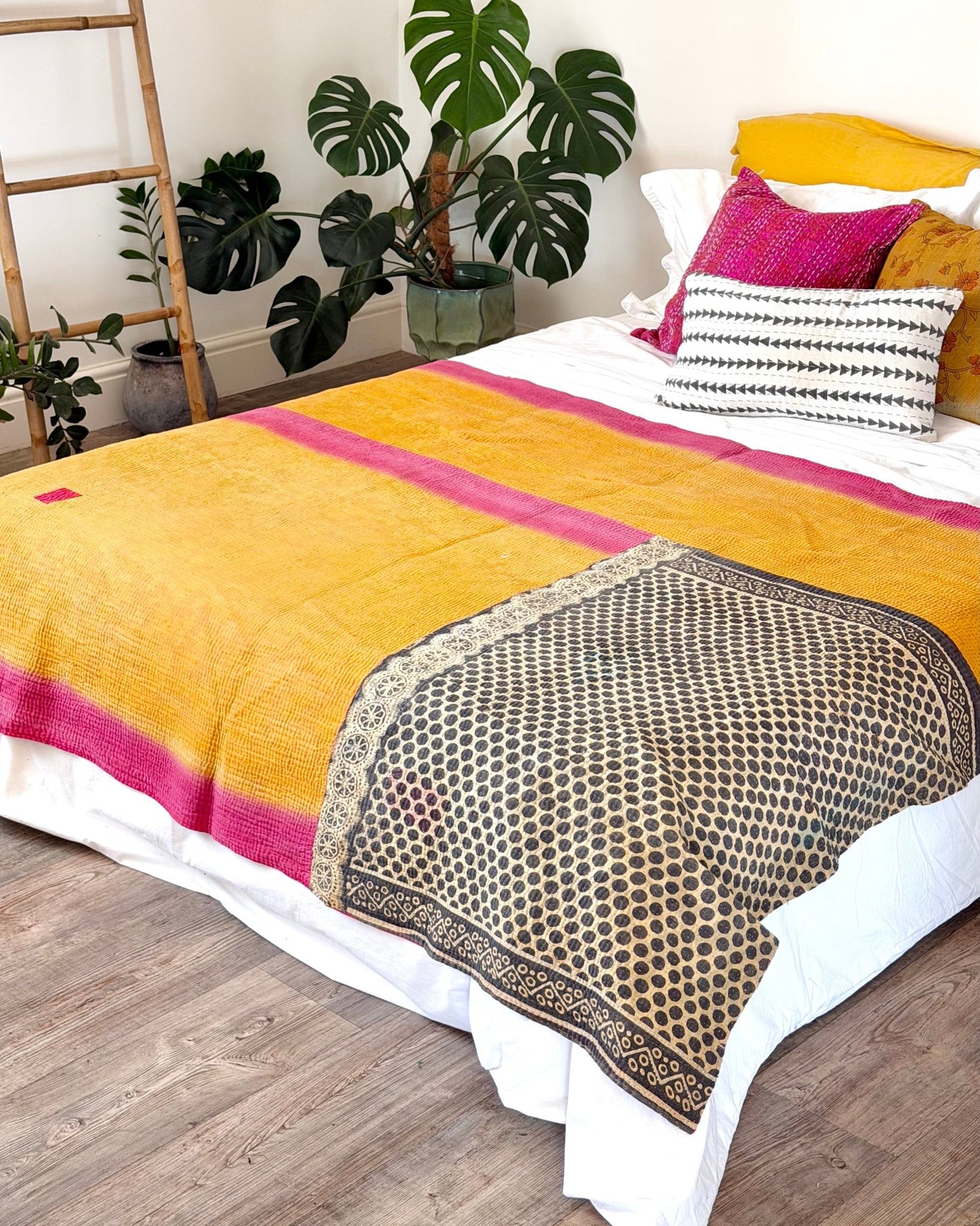 Fine Stitched Vintage Kantha Quilt in Vibrant Pink and Yellow with Dot Pattern - Biggs & Hill