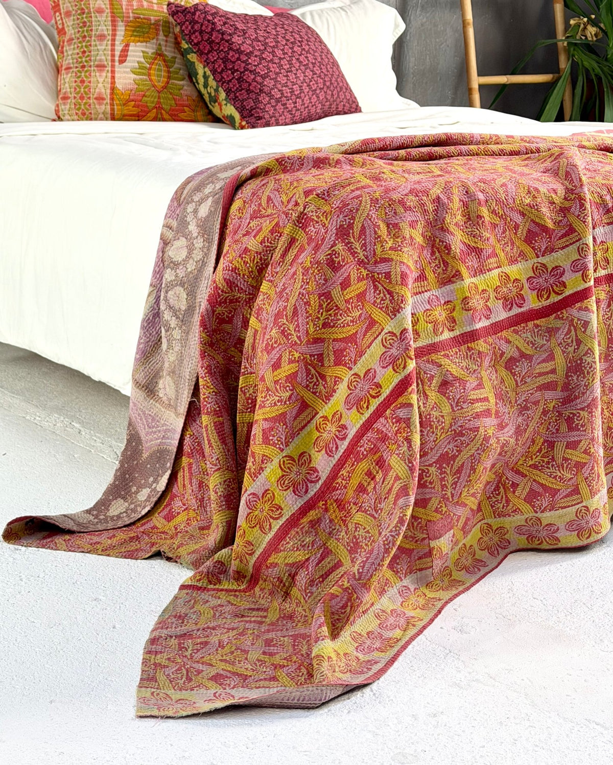 Large Fine Stitched Vintage Kantha Quilt in Pink, Orange and Lilac - Biggs & Hill